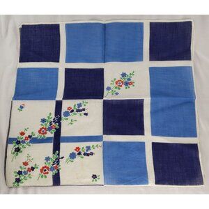 Vintage Linen Floral Handkerchief Blue White Red Square Geometric Flowers